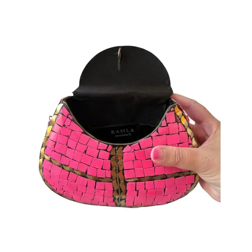 NEW Women's Glossy Pink Mosaic Tiles Gold Accents Semi-Circle Design Clutch